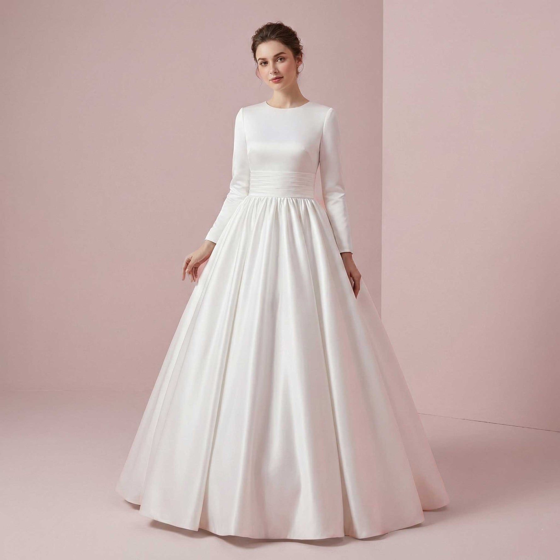 Ready to Wear Modest White Plain Ball Gown Wedding Dress with Long Sleeves | Katrine