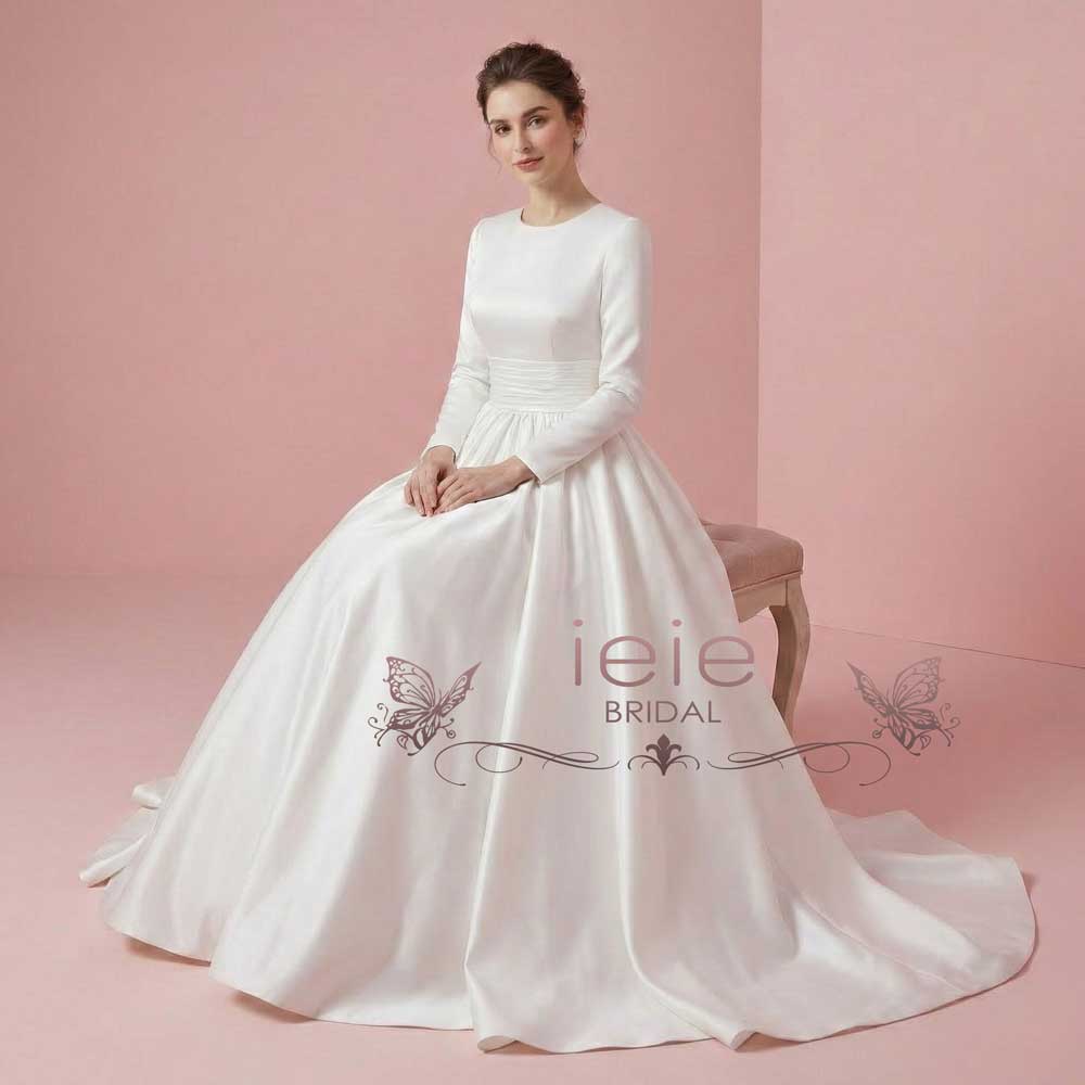 Ready to Wear Modest White Plain Ball Gown Wedding Dress with Long Sleeves | Katrine