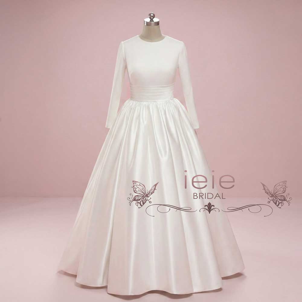 Ready to Wear Modest White Plain Ball Gown Wedding Dress with Long Sleeves | Katrine