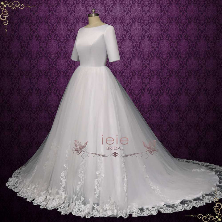 Modest Satin Lace Wedding Dress with Sleeves | LAUREL