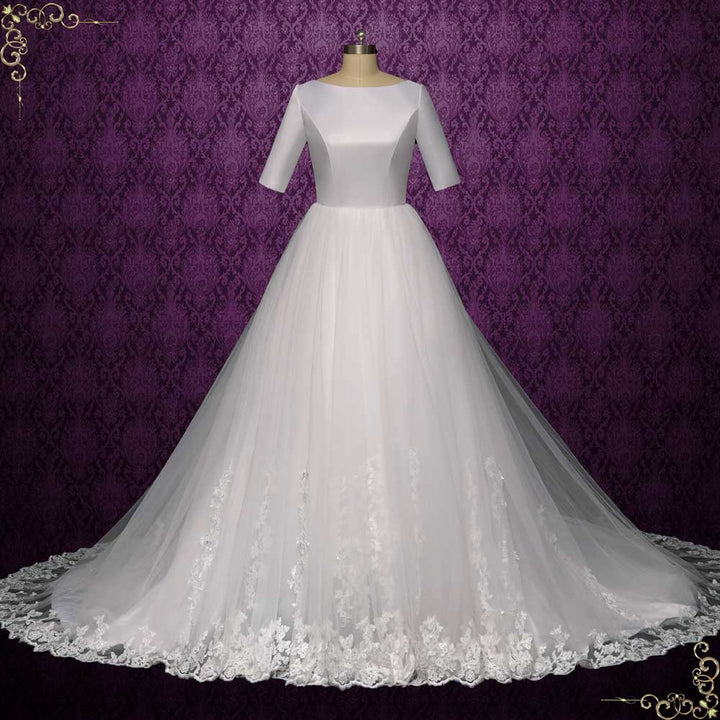 Modest Satin Lace Wedding Dress with Sleeves | LAUREL Size 24W / White Modest Satin Lace Wedding Dress with Sleeves | LAUREL Size 24W / White