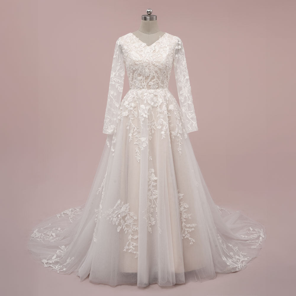Modest Champagne Lace Wedding Dress with Long Sleeves