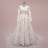 Modest Champagne Lace Wedding Dress with Long Sleeves | MASON