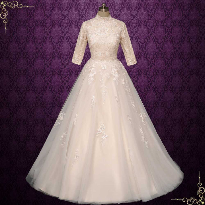 Modest Champagne Floral Lace Ball Gown Wedding Dress with 3/4 Sleeves | Granville Modest Champagne Floral Lace Ball Gown Wedding Dress with 3/4 Sleeves | Granville