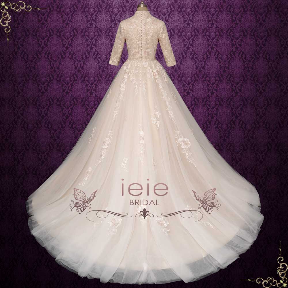 champagne colored wedding dresses with sleeves See Through Long Sleeve Lace Applique Champagne Wedding Dresses AWD1272