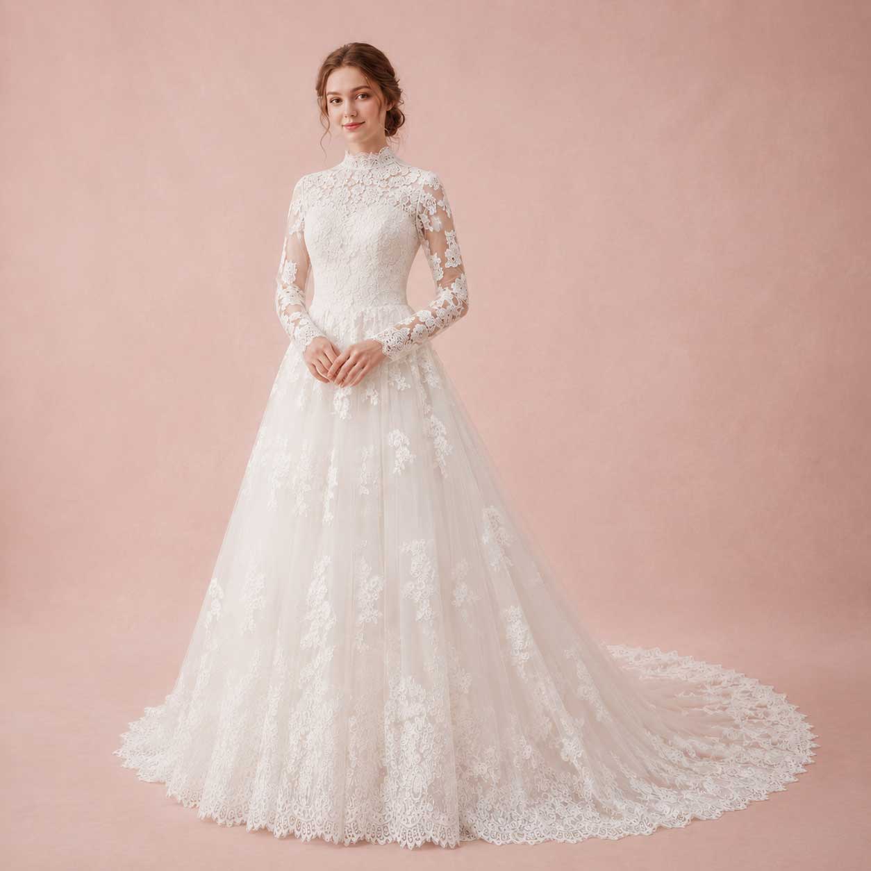 Classic Lace Ball Gown Wedding Dress with High Neck CLARINA