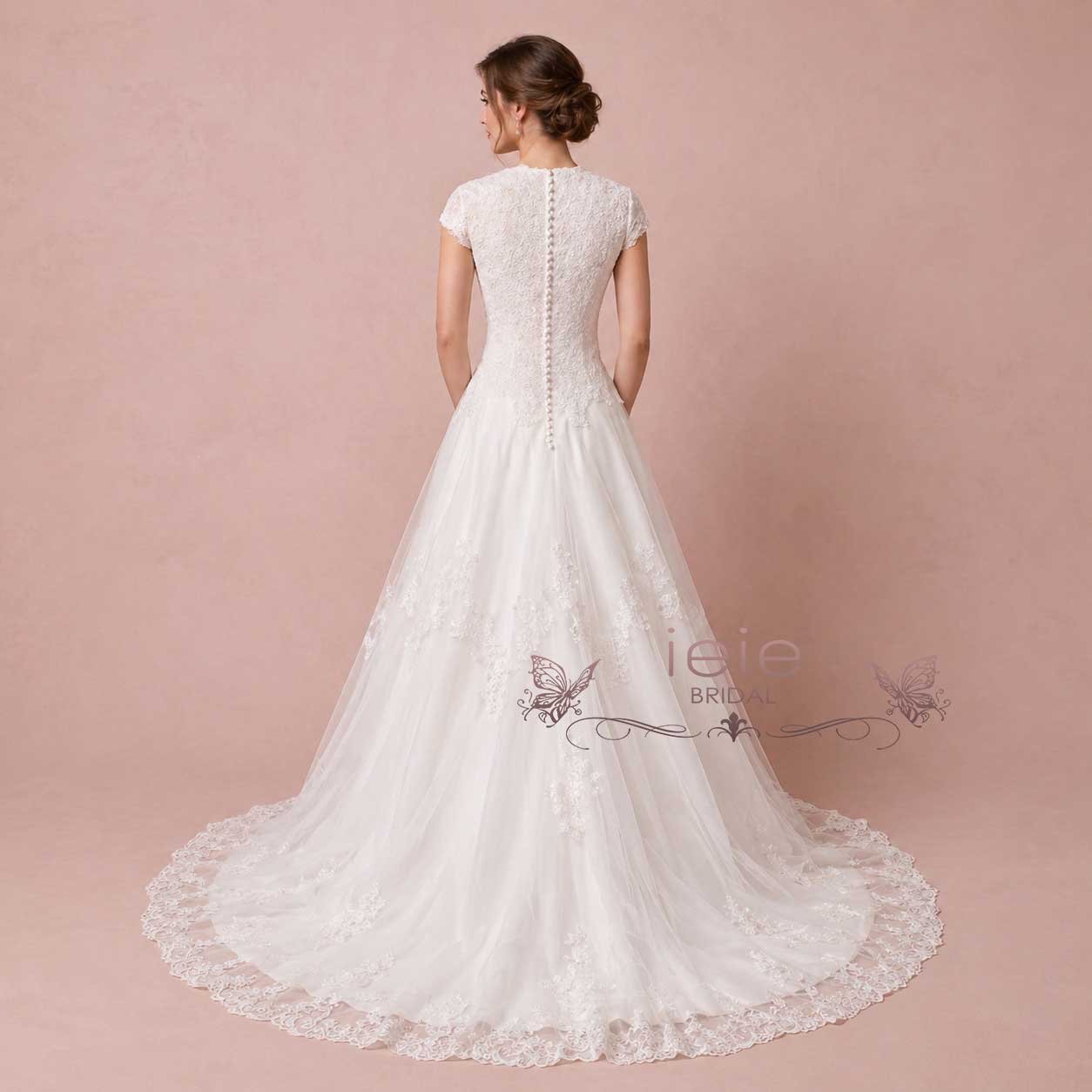 Modest Lace Wedding Dress With Short Sleeves | Adalia