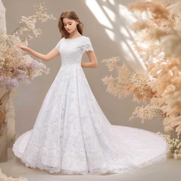 Modest Lace Ball Gown Wedding Dress with Short Sleeves SANFORD