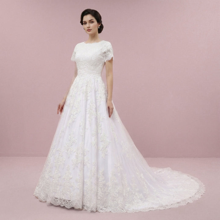 Modest Lace Ball Gown Wedding Dress with Short Sleeves SANFORD – ieie