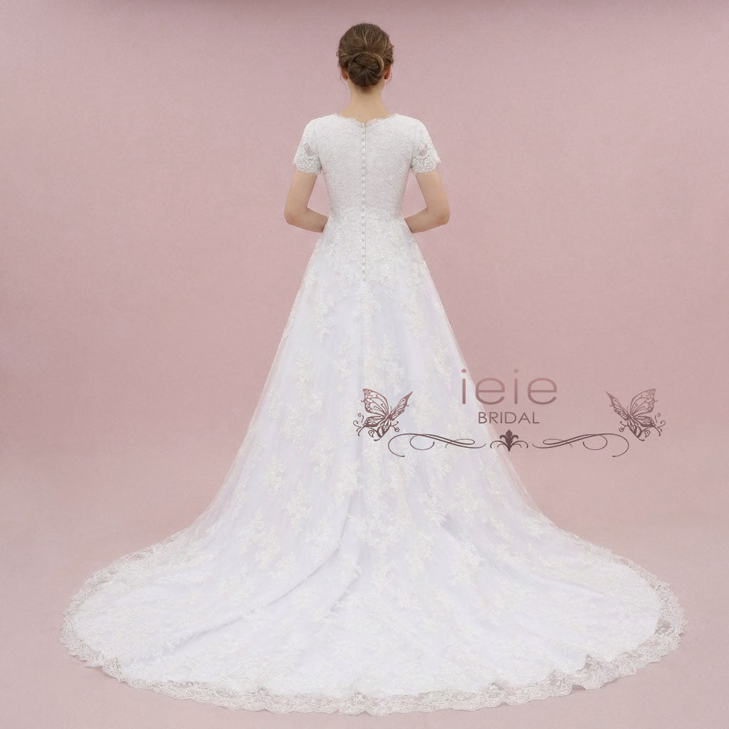 Modest Lace Wedding Dress with Short Sleeves and Cathedral Length Train