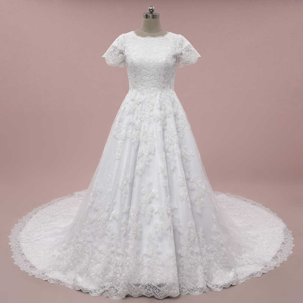 Modest Lace Ball Gown Wedding Dress with Short Sleeves SANFORD
