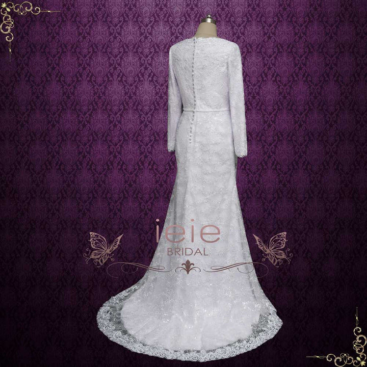 Modest Fitted A-line Lace Wedding Dress with Long Sleeves | MEENA