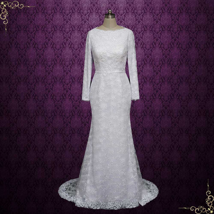 Modest Fitted A-line Lace Wedding Dress with Long Sleeves | MEENA