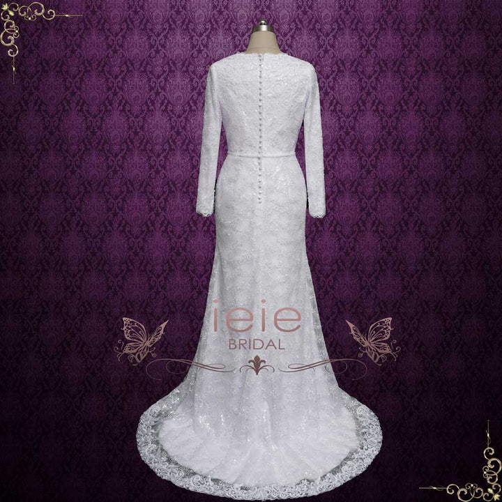 Modest Fitted A-line Lace Wedding Dress with Long Sleeves | MEENA
