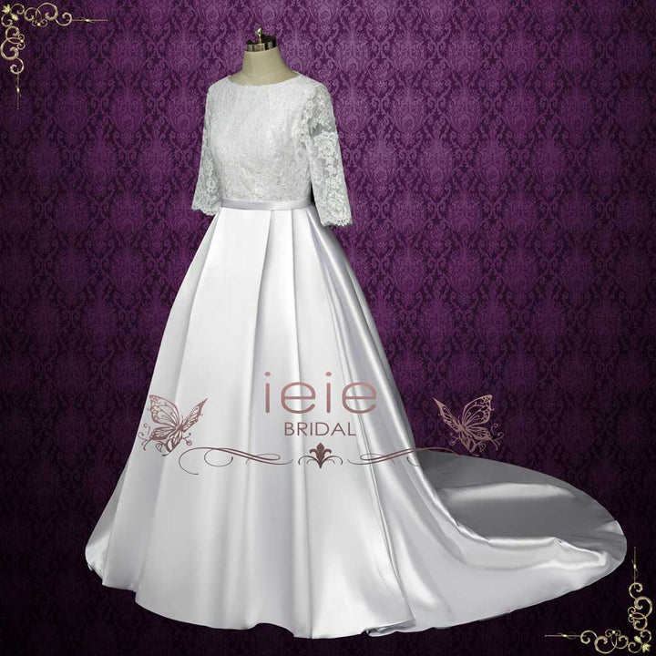 lace top satin bottom wedding dress Modest Wedding Dress with Lace Top and Satin Skirt