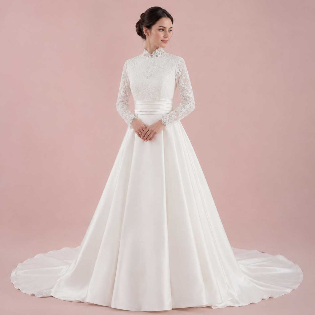Modest Mandarin Collar Long Sleeve Lace A-Line Wedding Dress