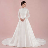 Modest Mandarin Collar Long Sleeve Lace A-Line Wedding Dress | TARNIA