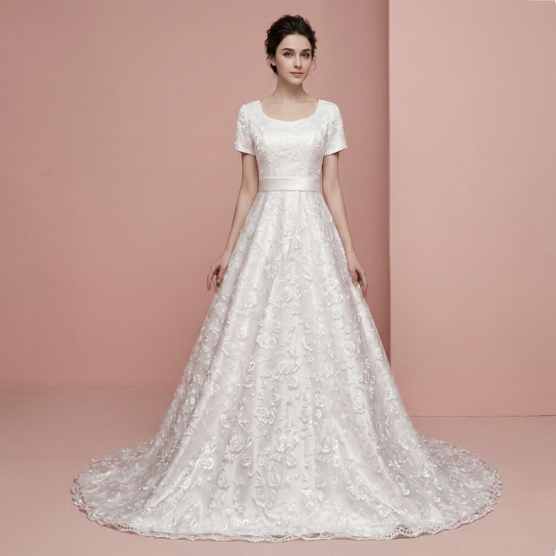 Modest Lace A-line Wedding Dress with Short Sleeves AVICE