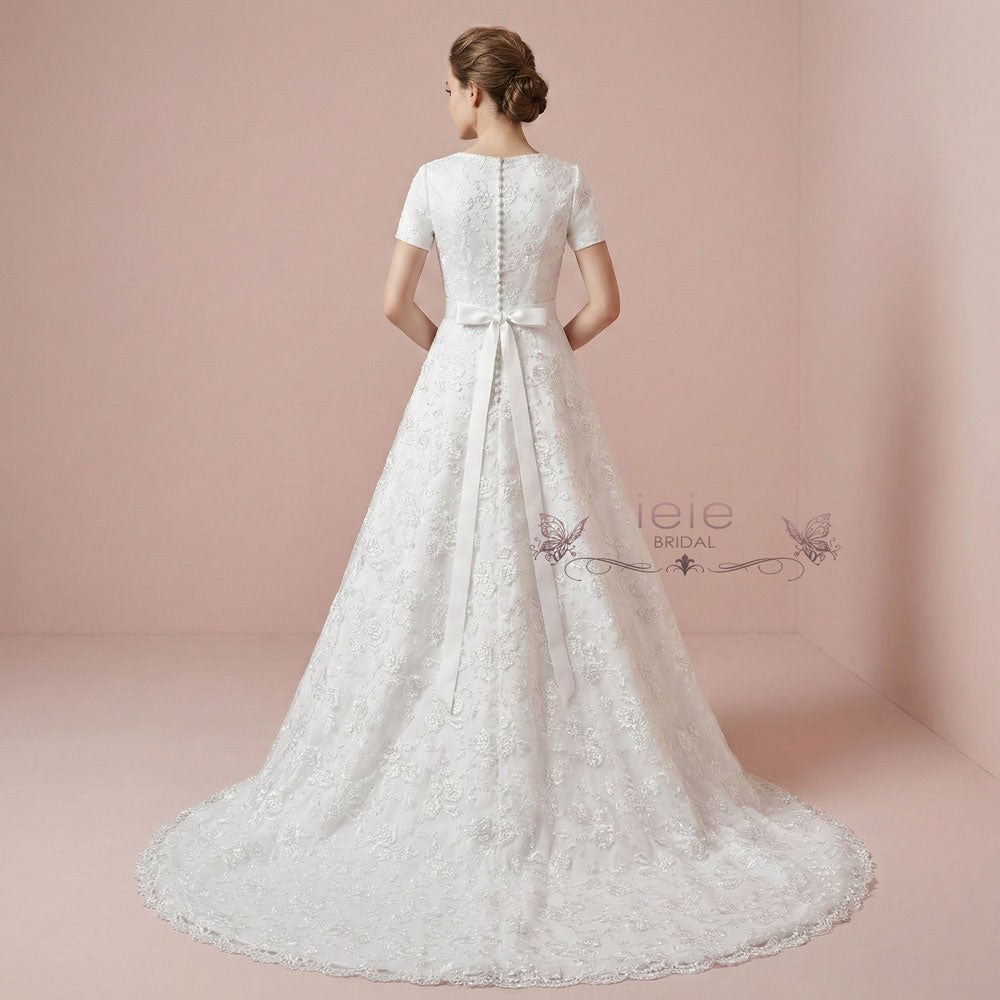 Modest Lace A-line Wedding Dress with Short Sleeves AVICE