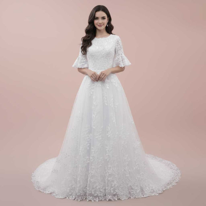 Modest Lace Wedding Dress with Short Sleeves MARIEANNA Ivory / Size 14 Modest Lace Wedding Dress with Short Sleeves MARIEANNA Ivory / Size 14