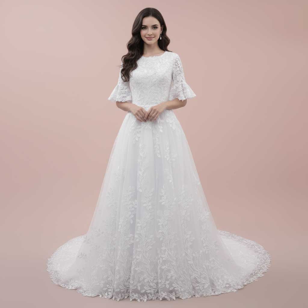 Modest Lace Wedding Dress with Short Sleeves MARIEANNA