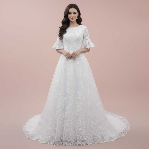 Modest Lace Wedding Dress with Short Sleeves MARIEANNA
