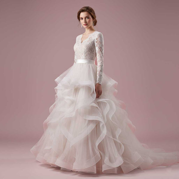 Modest Long Sleeves Wedding Dress with Ruffle Ball Gown Skirt | CRISTINE