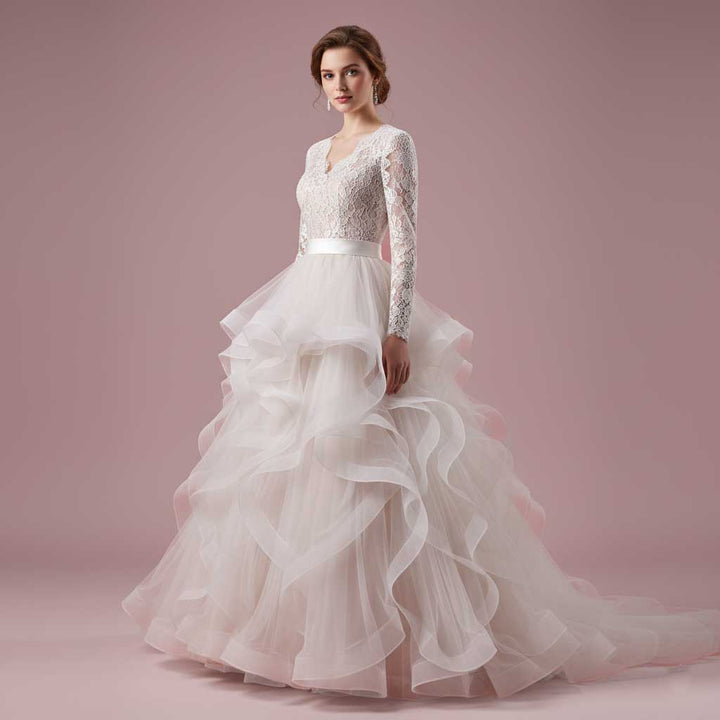 Modest Long Sleeves Wedding Dress with Ruffle Ball Gown Skirt | CRISTINE