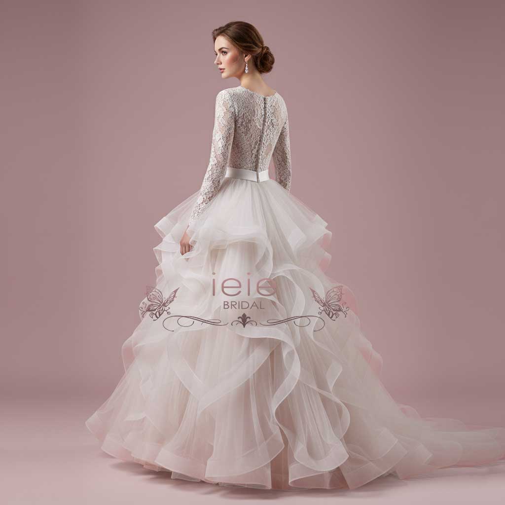 Modest Long Sleeves Wedding Dress with Ruffle Ball Gown Skirt | CRISTINE