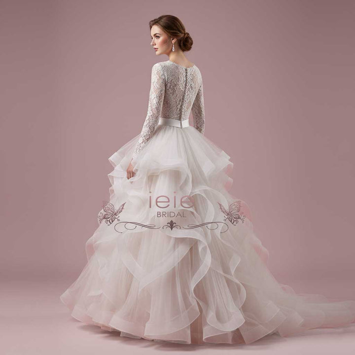 Modest Long Sleeves Wedding Dress with Ruffle Ball Gown Skirt | CRISTINE