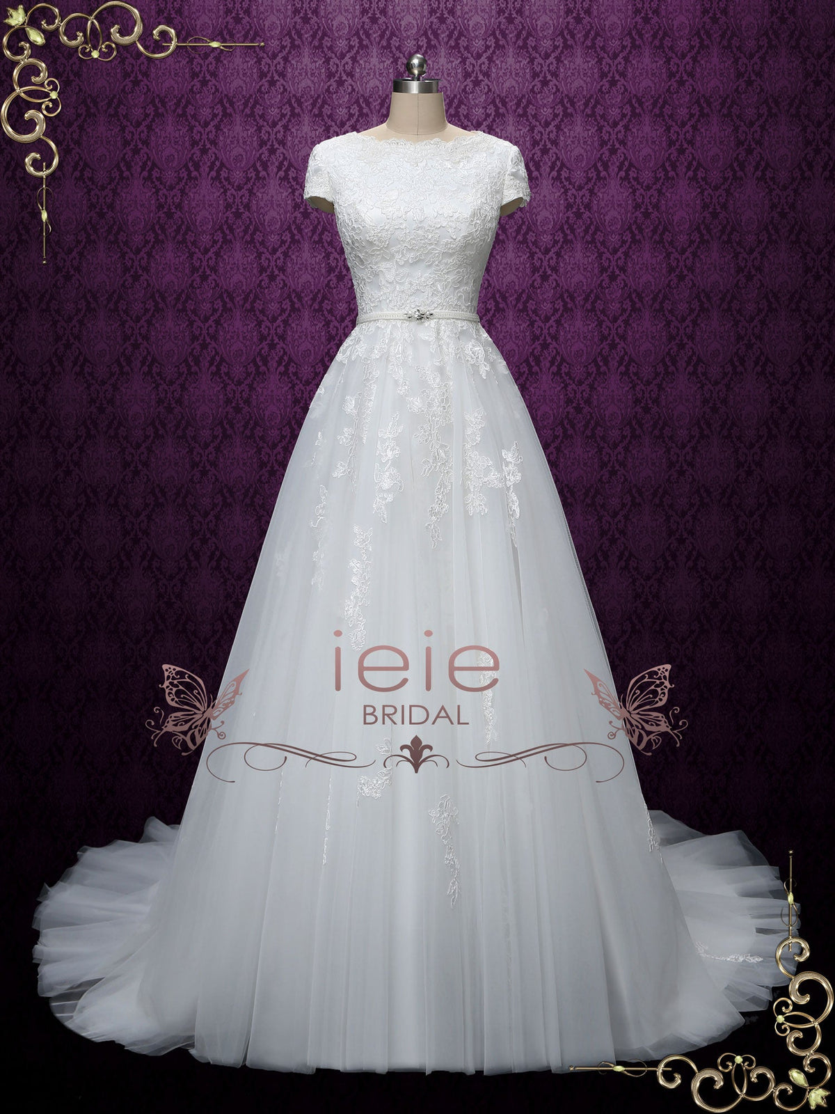 Ready to Wear Modest Lace Wedding Dress with Short Sleeves ABIGAIL