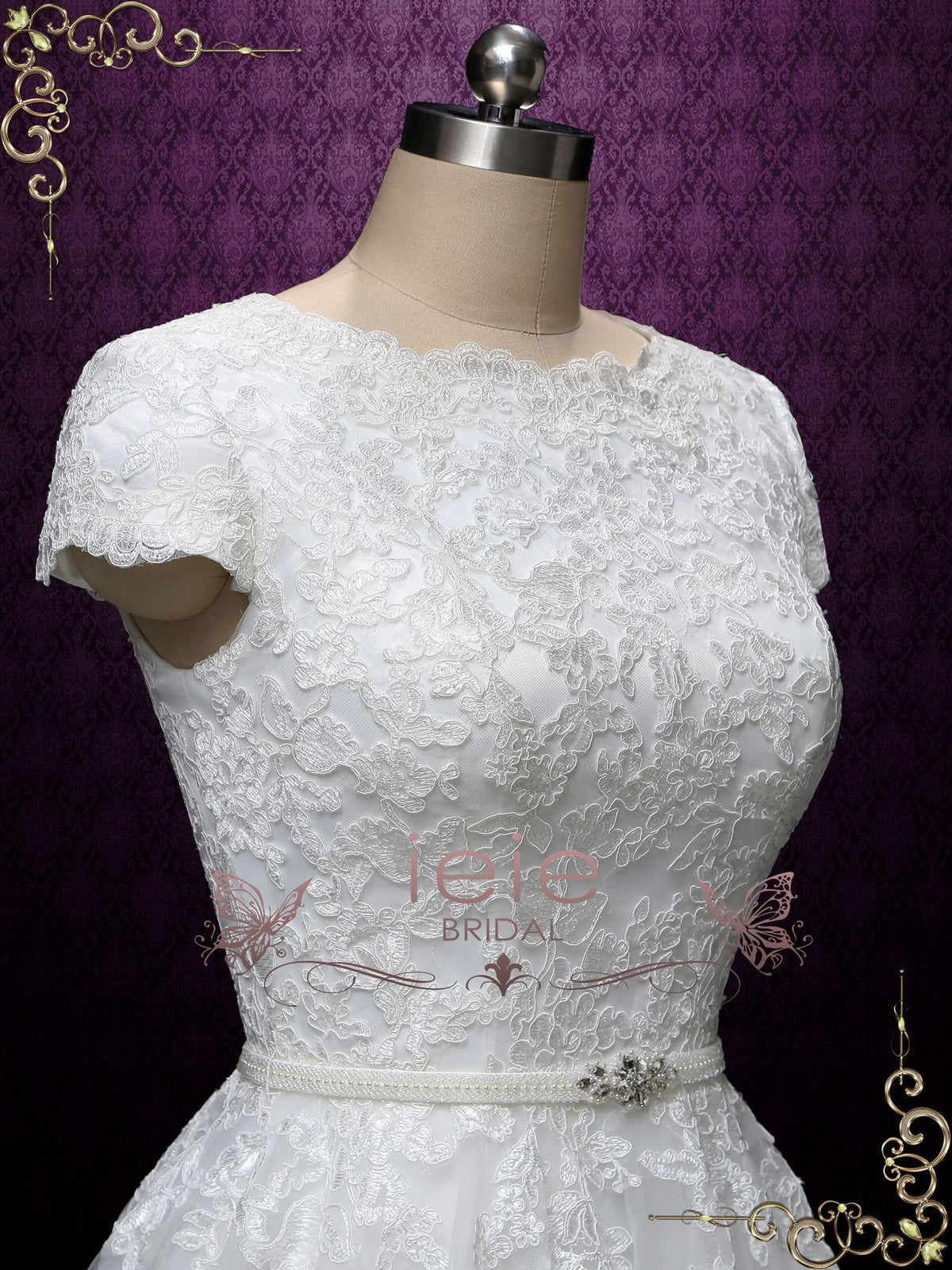 Ready to Wear Modest Lace Wedding Dress with Short Sleeves ABIGAIL