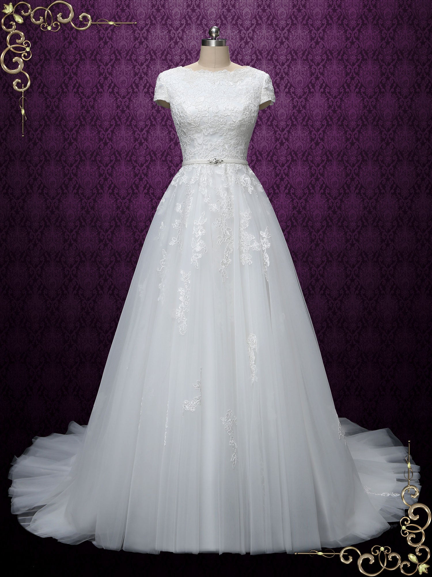 Ready to Wear Modest Lace Wedding Dress with Short Sleeves ABIGAIL