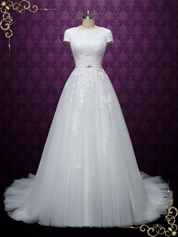 Ready to Wear Modest Lace Wedding Dress with Short Sleeves ABIGAIL