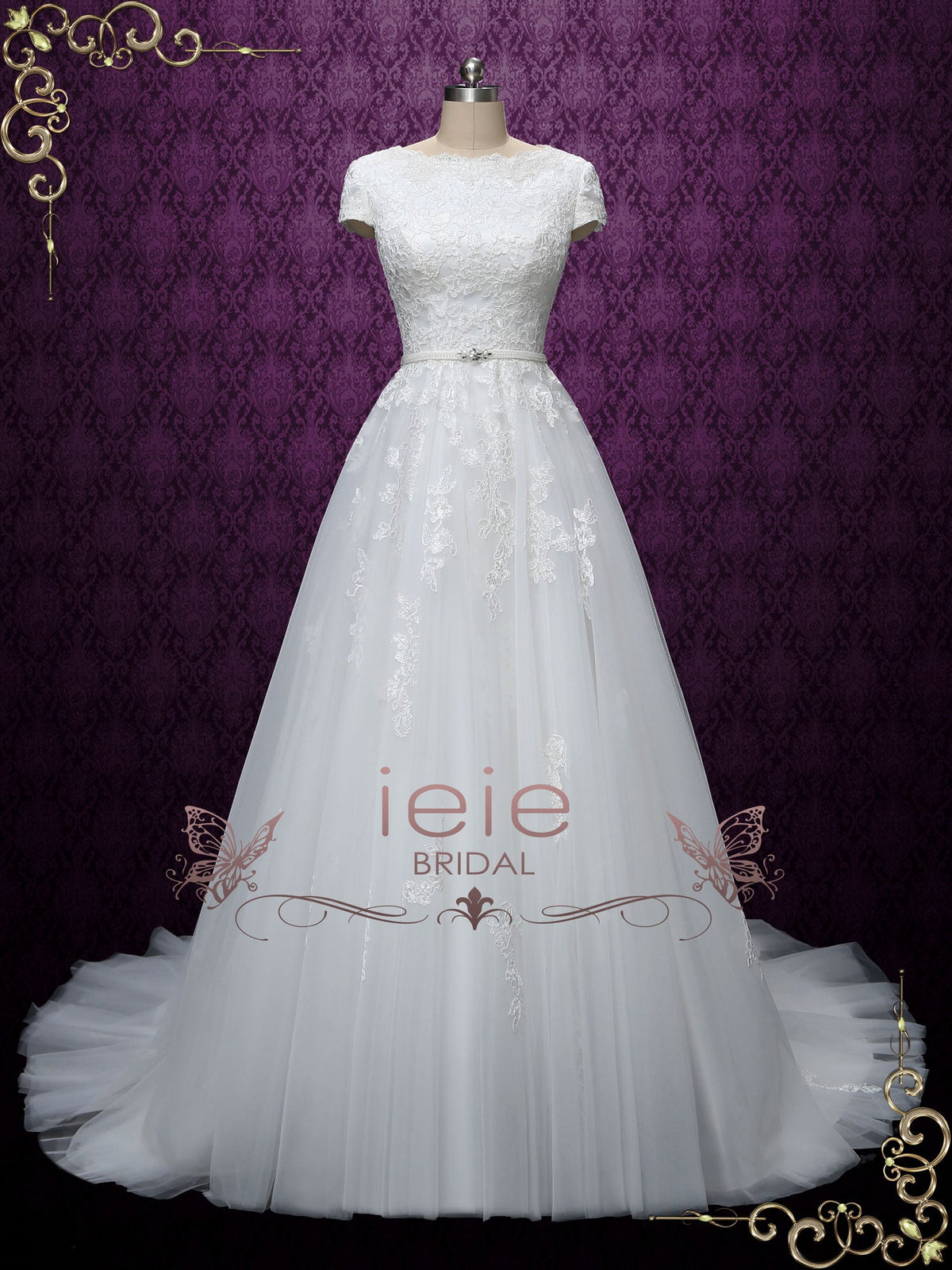 Ready to Wear Modest Lace Wedding Dress with Short Sleeves ABIGAIL