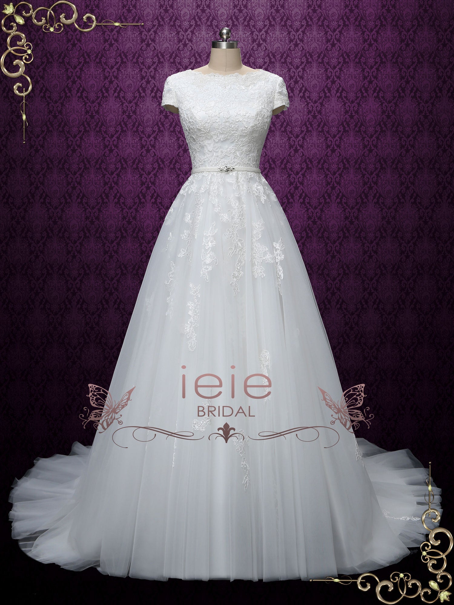 Ready to Wear Modest Lace Wedding Dress with Short Sleeves ABIGAIL