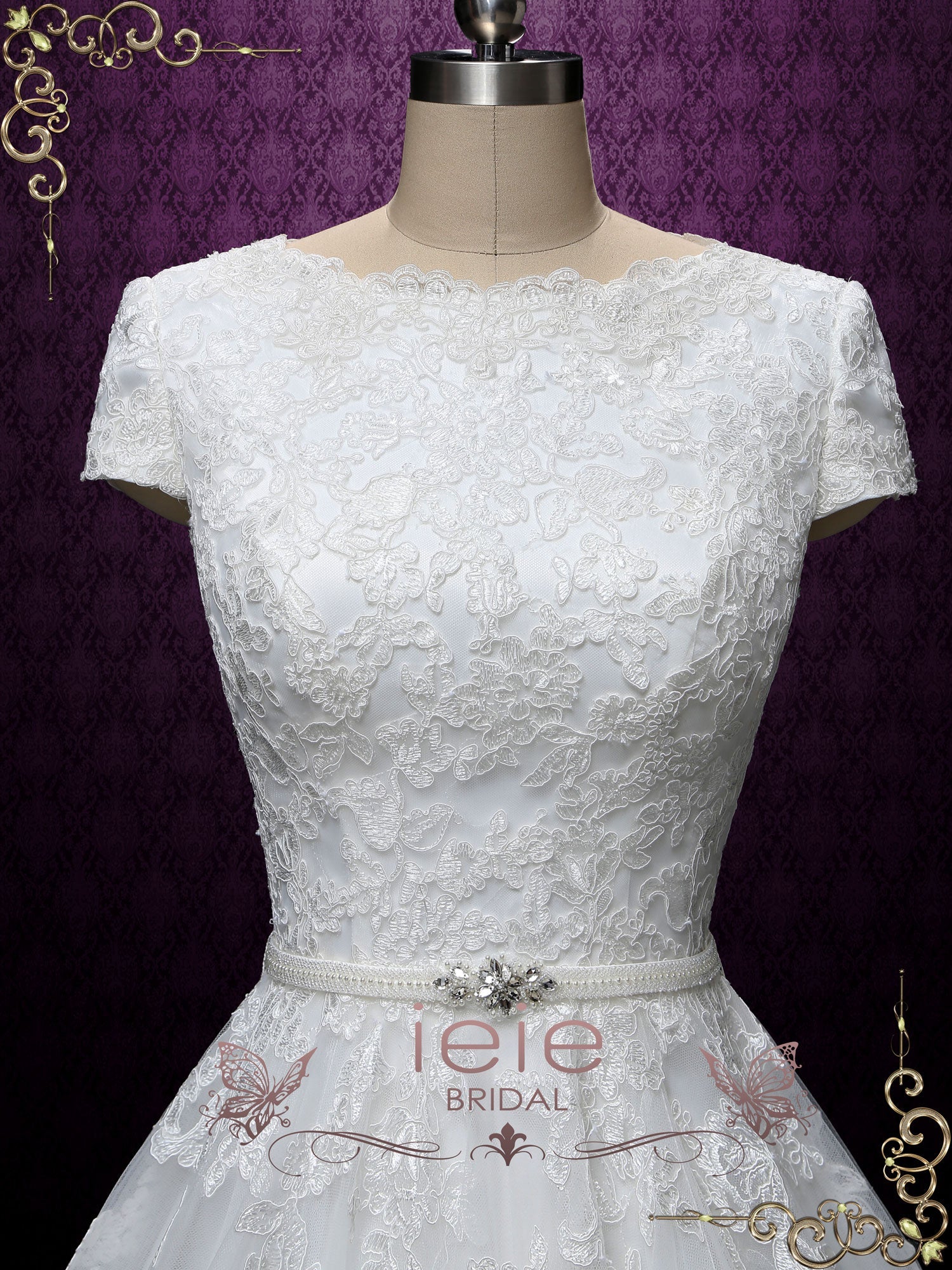 Ready to Wear Modest Lace Wedding Dress with Short Sleeves ABIGAIL