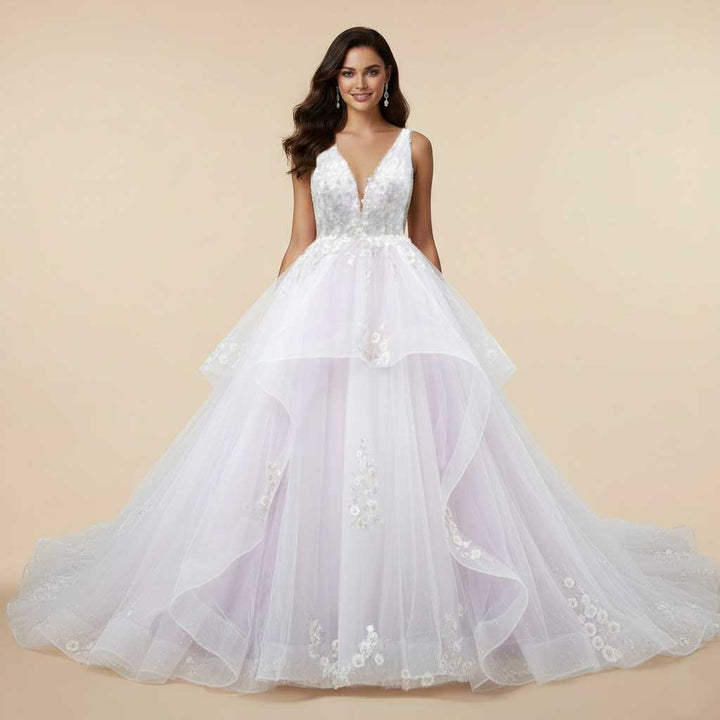 Soft Lilac Purple Wedding Dress with Floral Lace and Plunging Neck TRI ieie Soft Lilac Purple Wedding Dress with Floral Lace and Plunging Neck TRI ieie