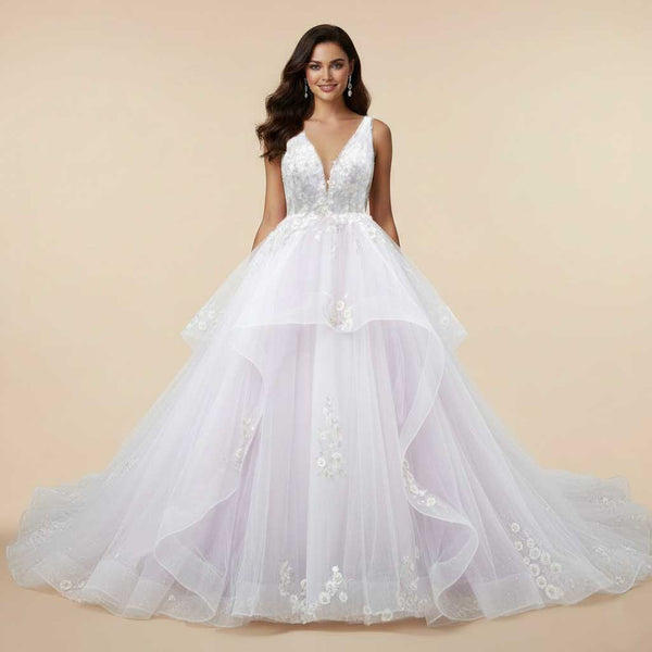 Soft Lilac Purple Wedding Dress with Floral Lace and Plunging Neck TRINA