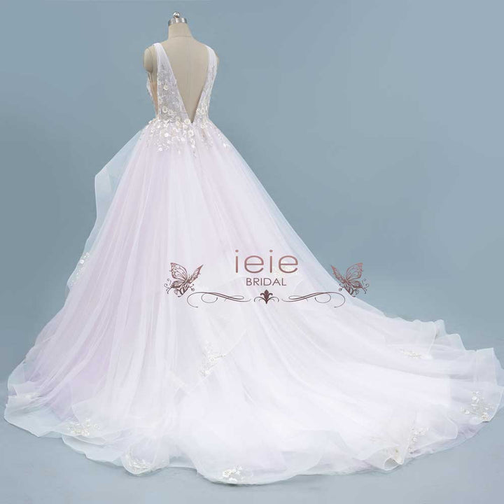 Soft Lilac Purple Wedding Dress with Floral Lace and Plunging Neck TRINA
