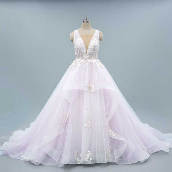 Soft Lilac Purple Wedding Dress with Floral Lace and Plunging Neck TRINA