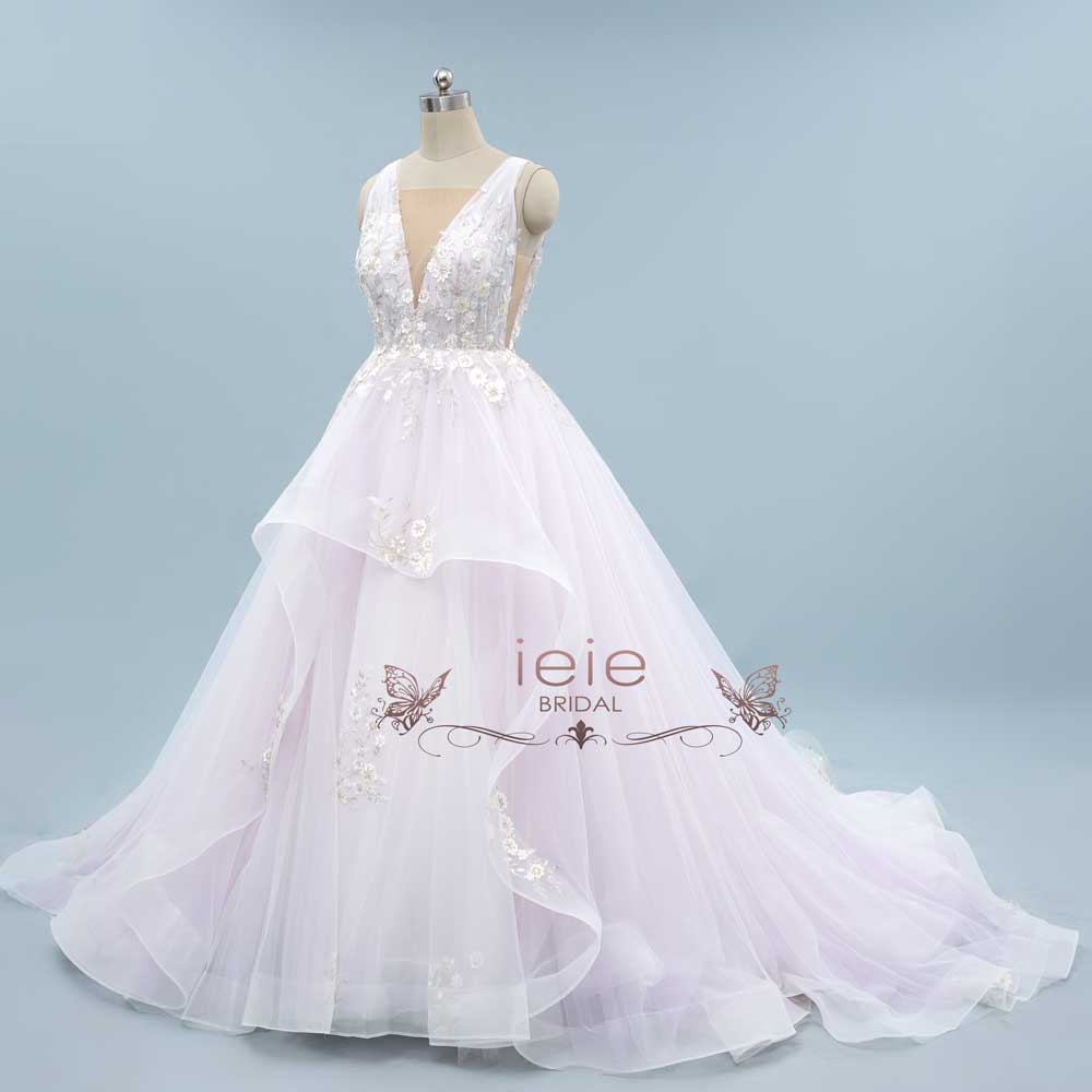 Soft Lilac Purple Wedding Dress with Floral Lace and Plunging Neck TRINA