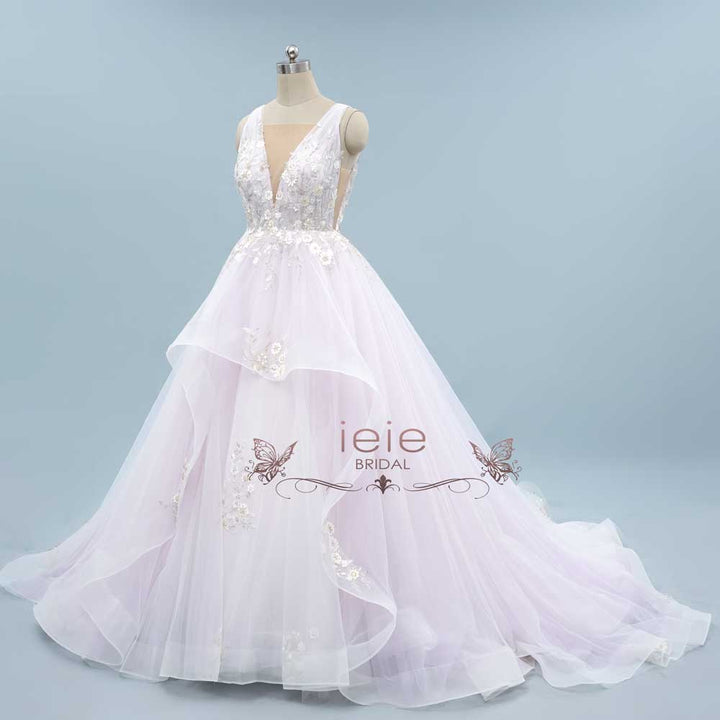 Soft Lilac Purple Wedding Dress with Floral Lace and Plunging Neck TRINA
