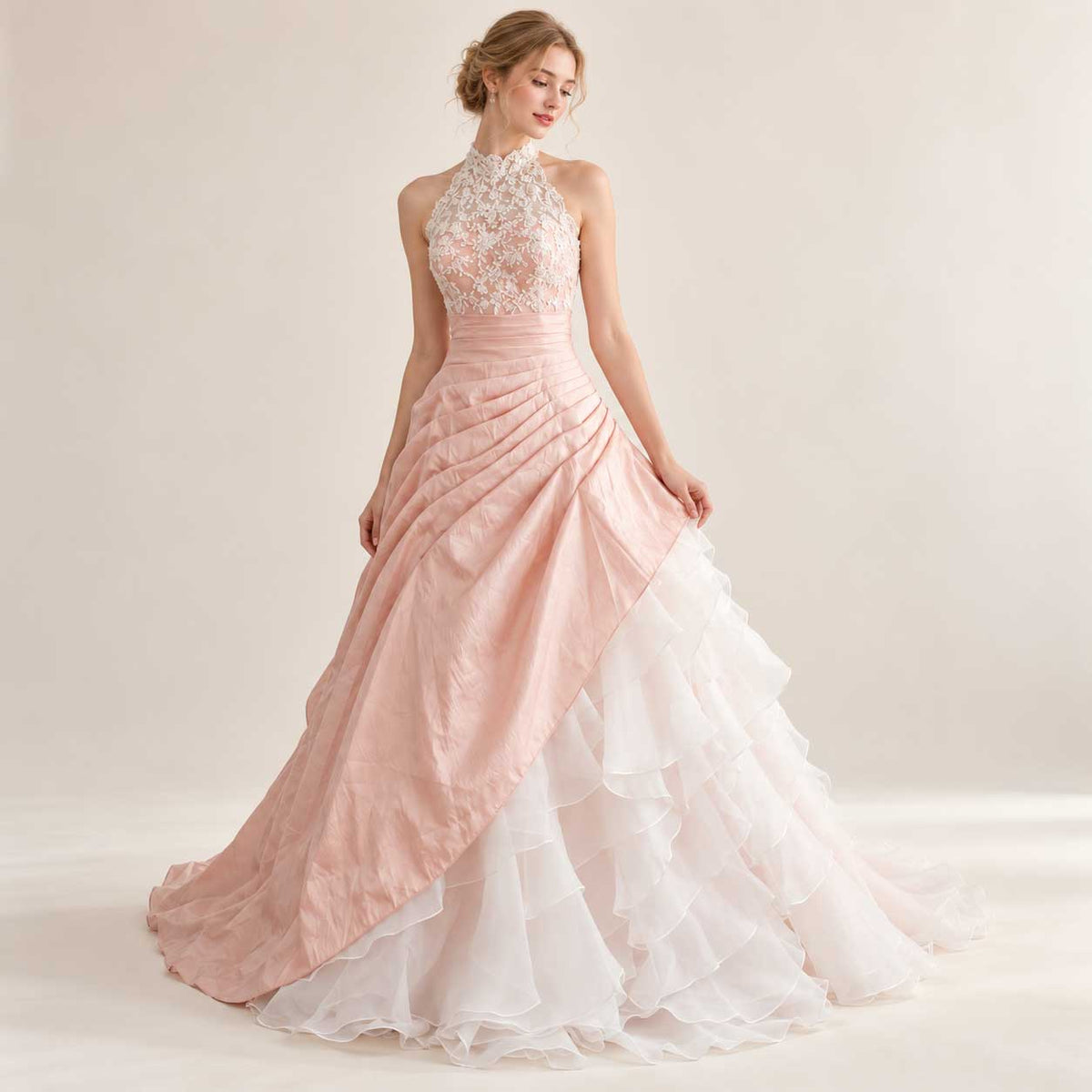 Blush Pink Halter Lace A-line Gown Wedding Dress with Ruffles | Alina
