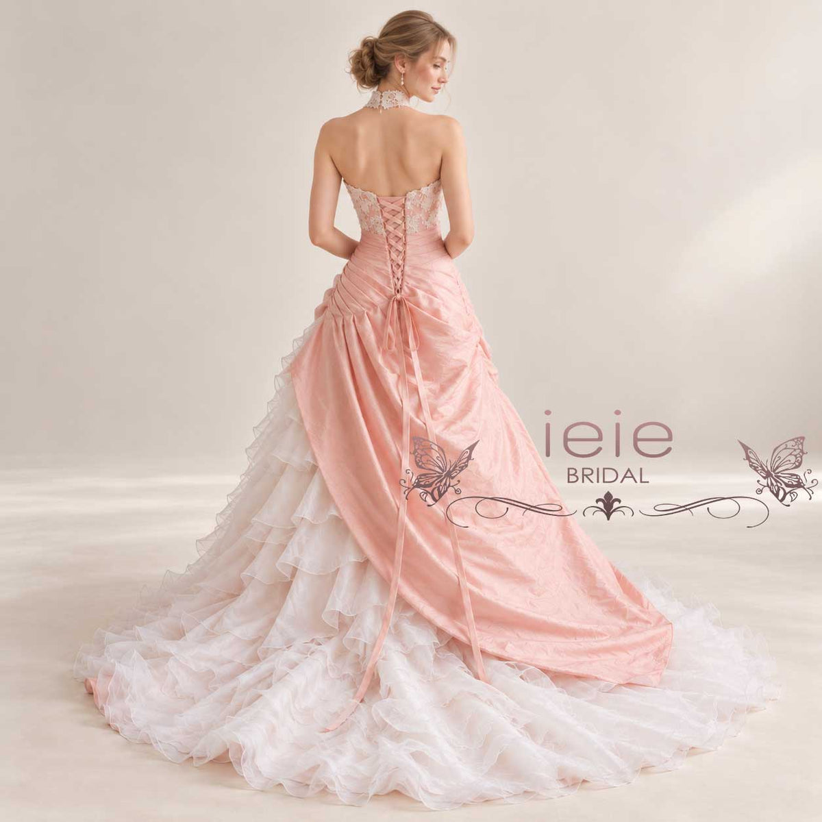 Blush Pink Halter Lace A-line Gown Wedding Dress with Ruffles | Alina