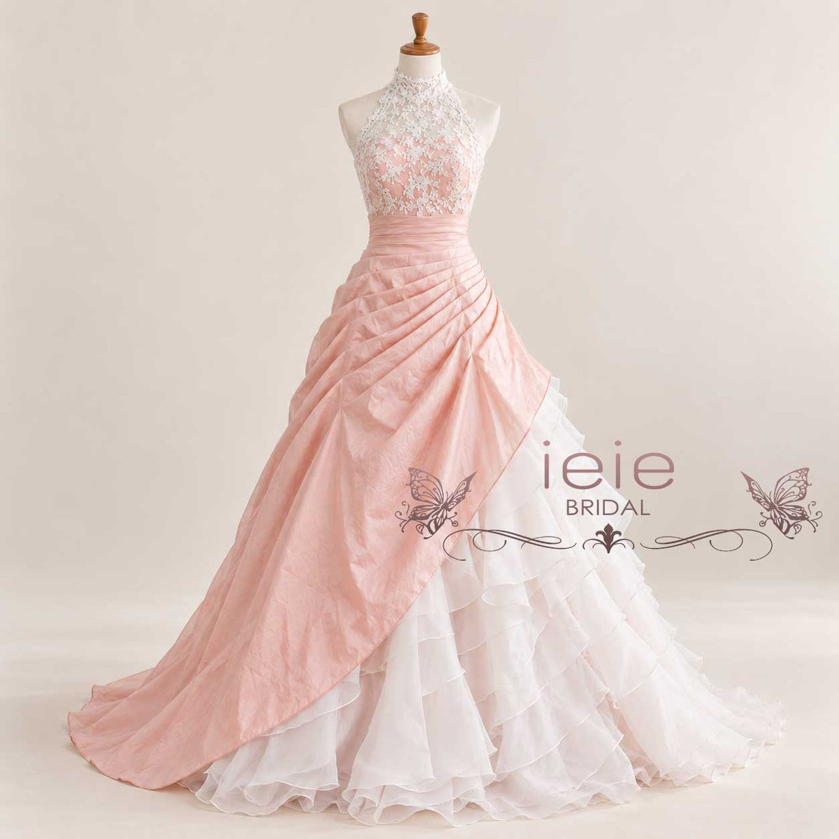 Blush Pink Halter Lace A-line Gown Wedding Dress with Ruffles | Alina