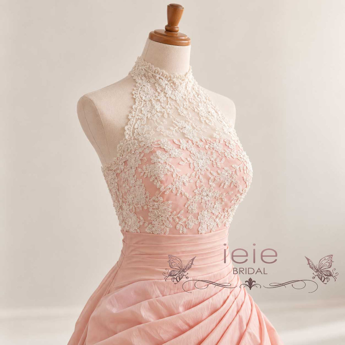 Blush Pink Halter Lace A-line Gown Wedding Dress with Ruffles | Alina