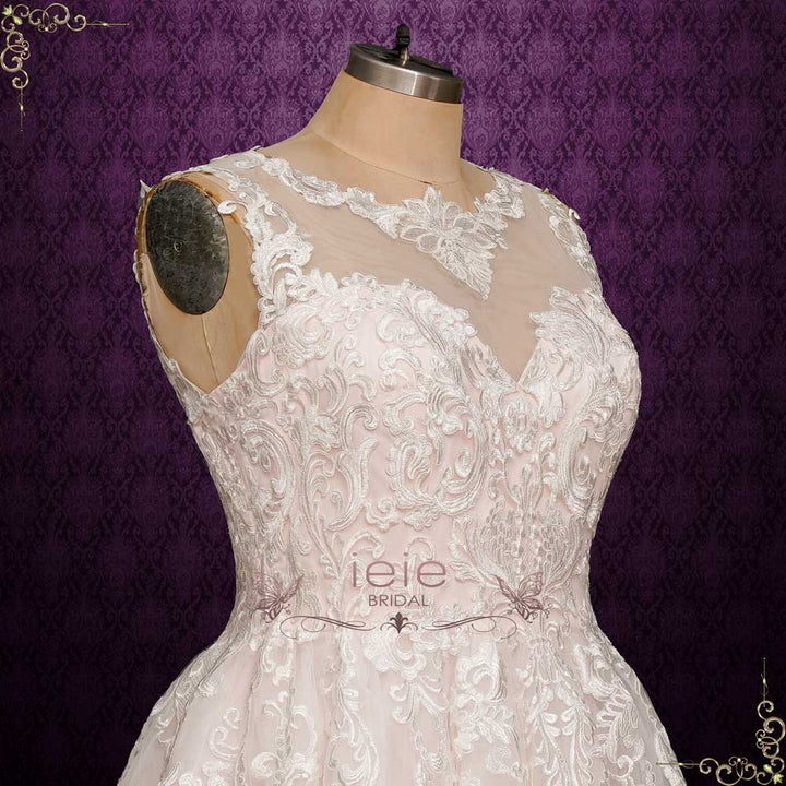 Pink A-line Lace Wedding Dress with Illusion Neckline | MALLE