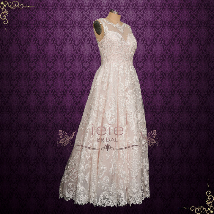 Pink A-line Lace Wedding Dress with Illusion Neckline | MALLE