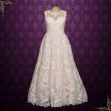 Pink A-line Lace Wedding Dress with Illusion Neckline | MALLE
